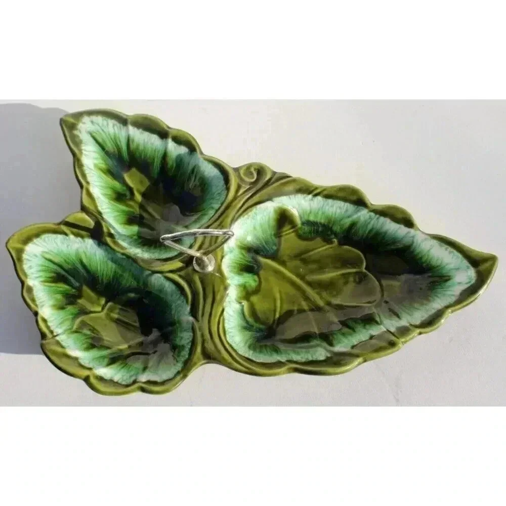 Vtg GREEN California Pottery Santa Anita Ware 3 Leaf Bowl Serving Dish W/ Handle